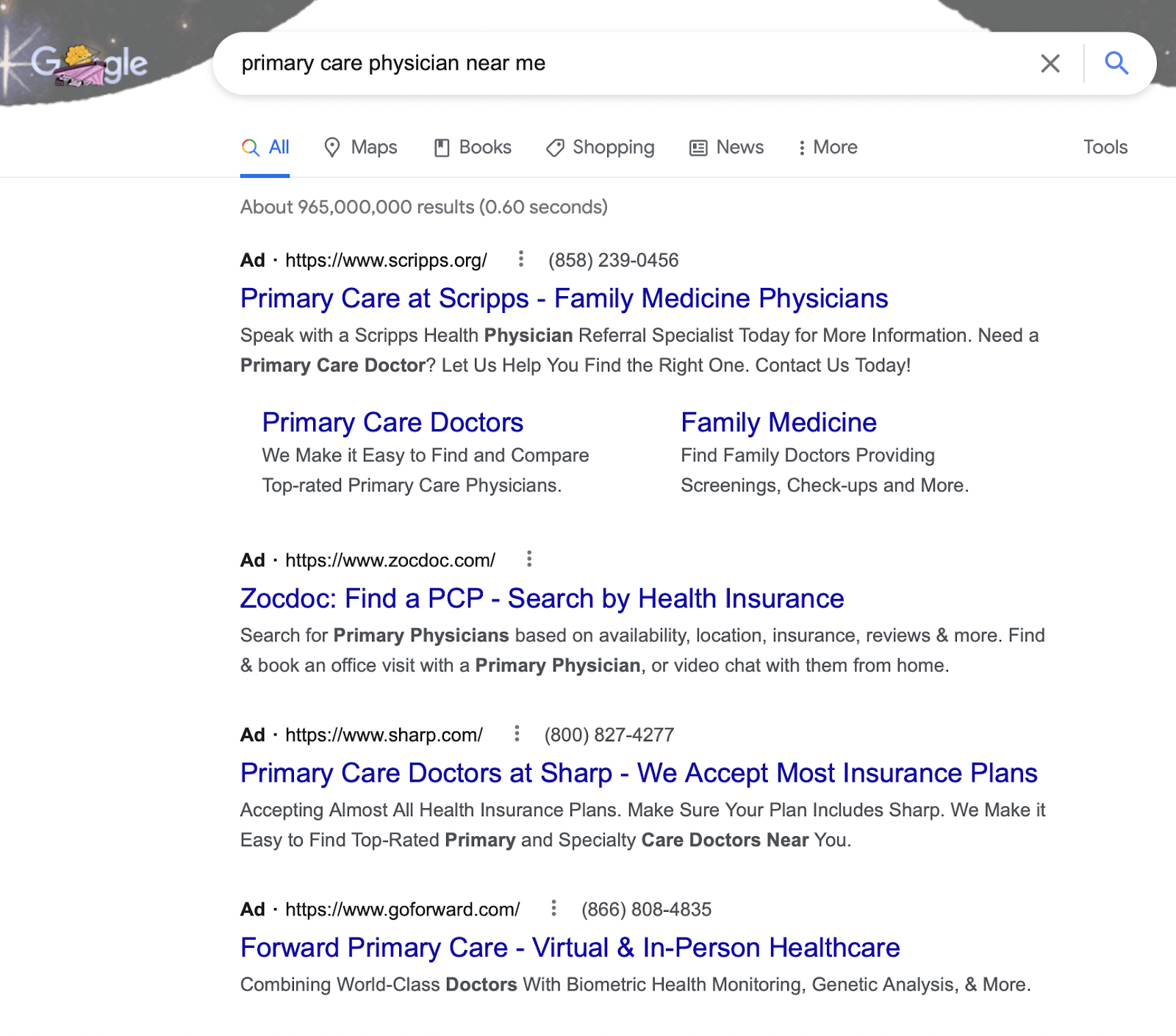 A paid search result for "primary care physician" in San Diego.