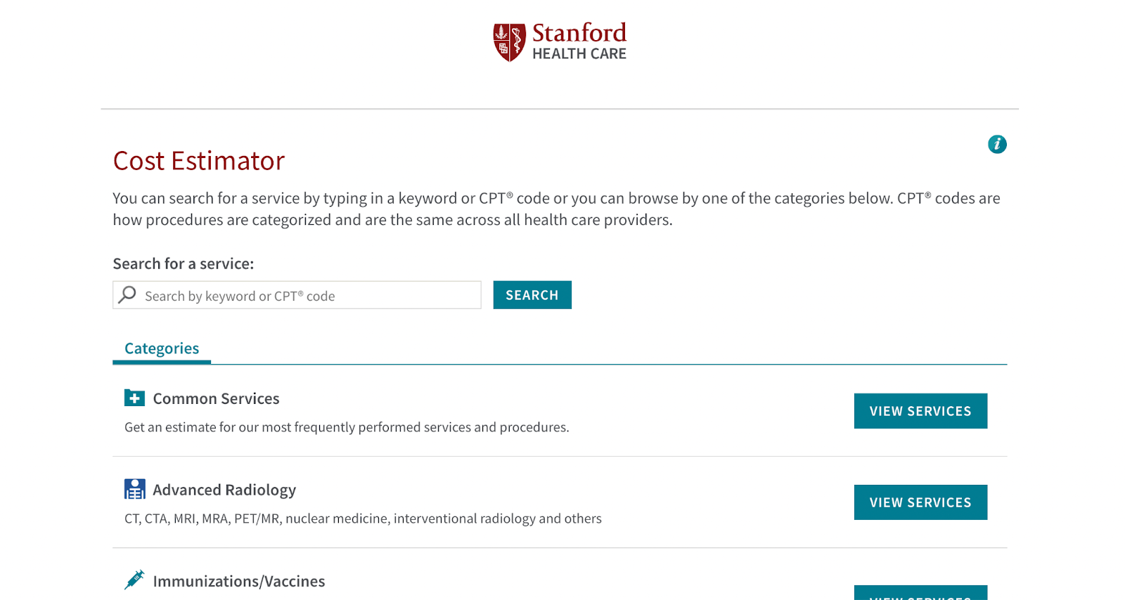 Stanford Health Care's cost estimator