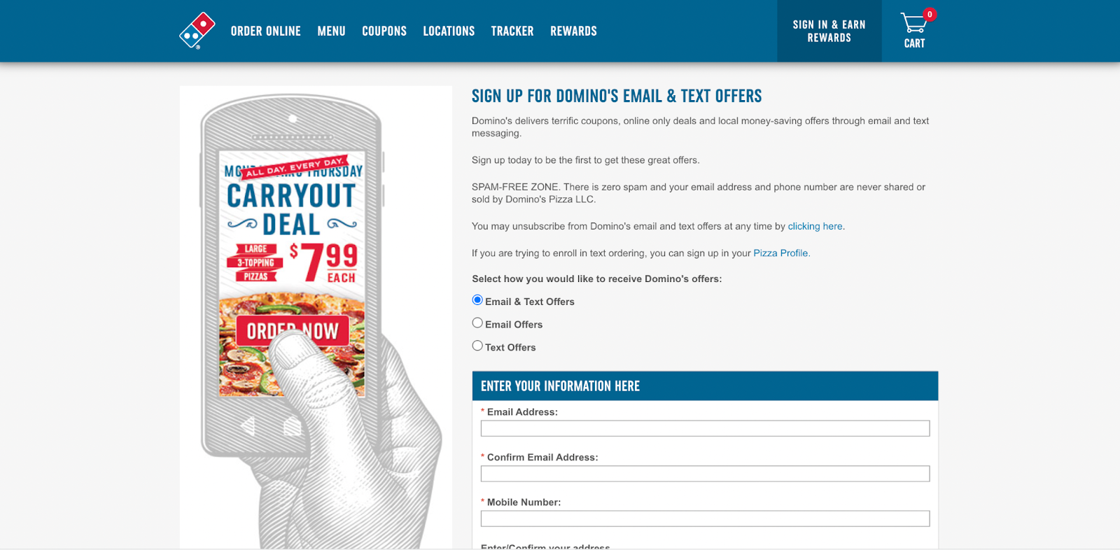 Domino's email and text offer sign-up page.