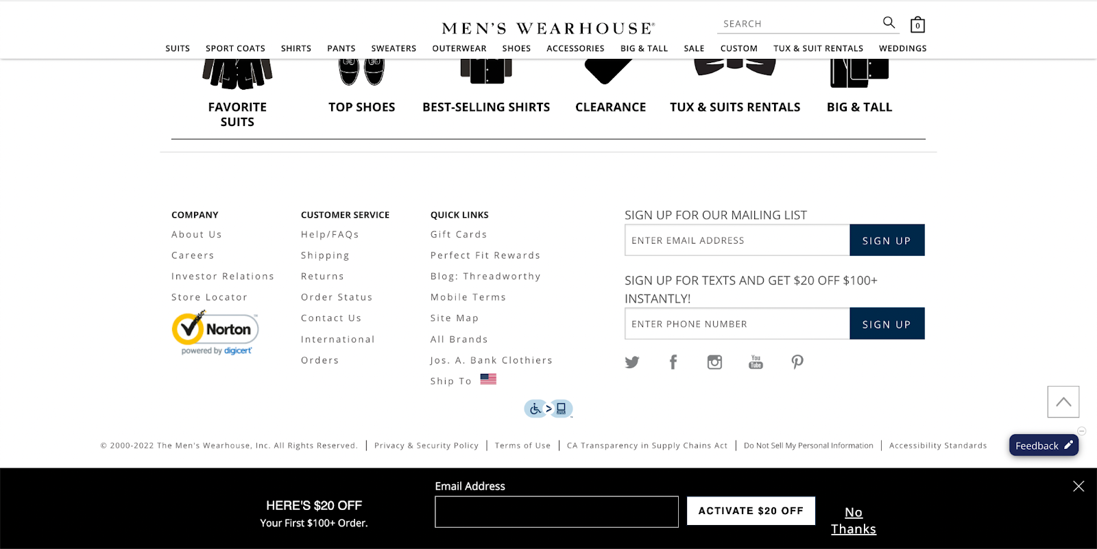 Men's Wearhouse's webpage with an easy form fill.