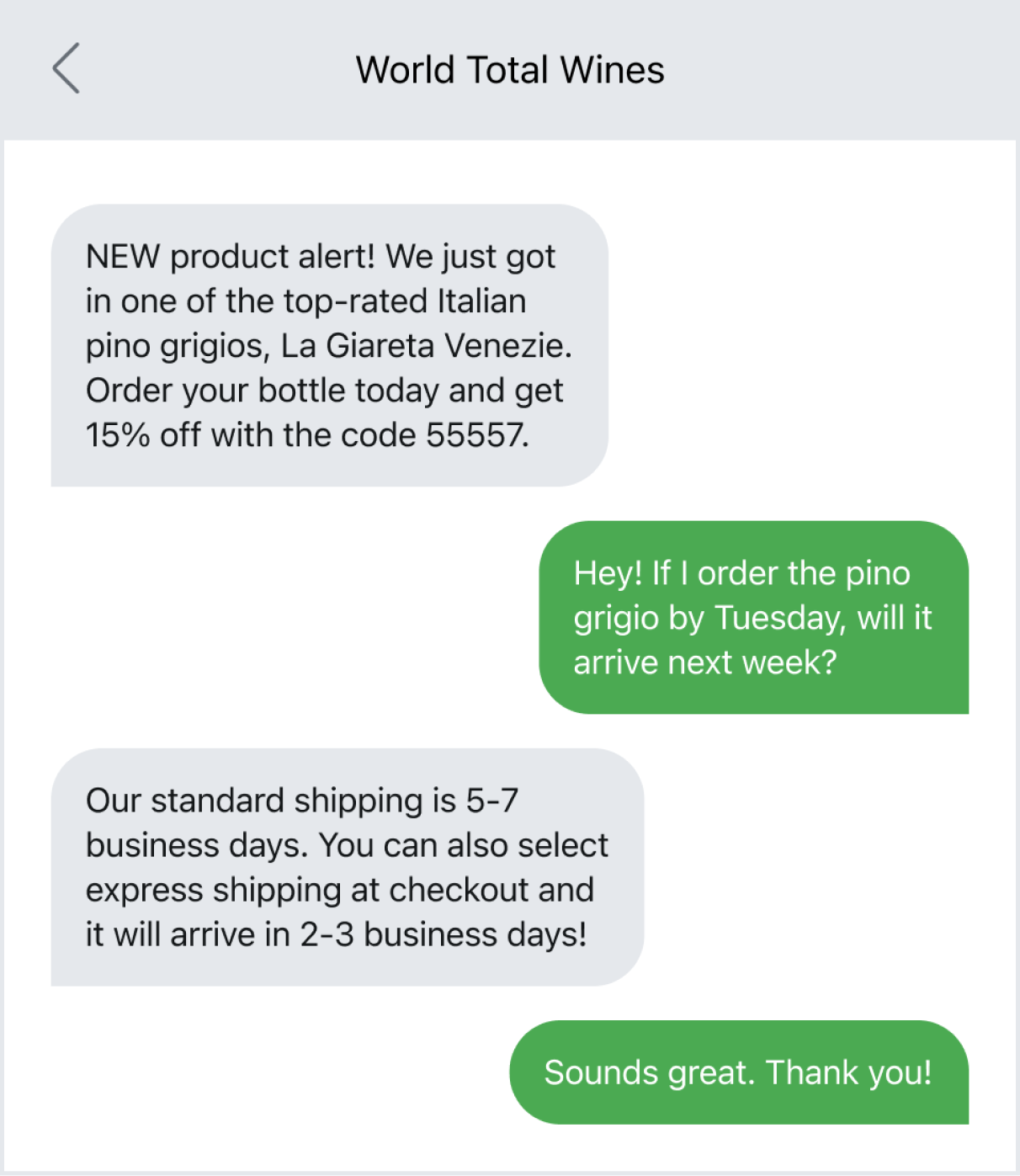 A two-way text conversation with World Total Wines and a customer.