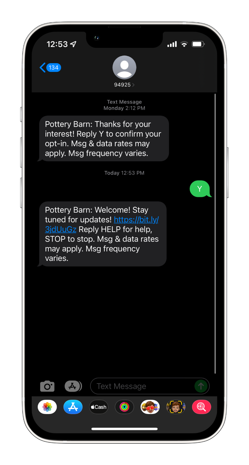 An SMS marketing example from Pottery Barn