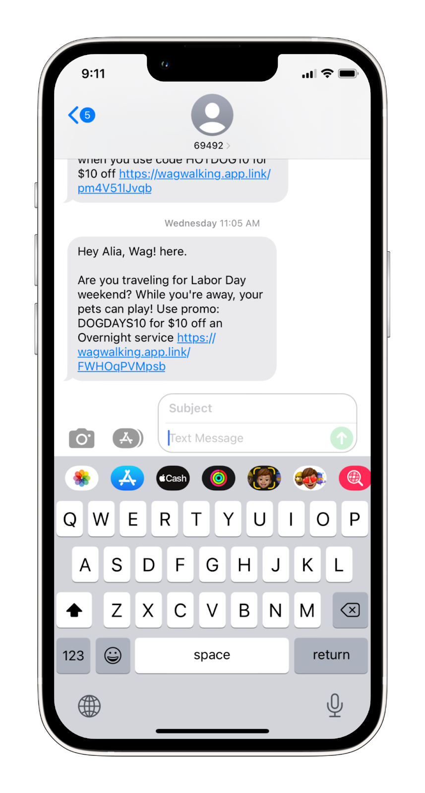 A promotional text example from Wag!
