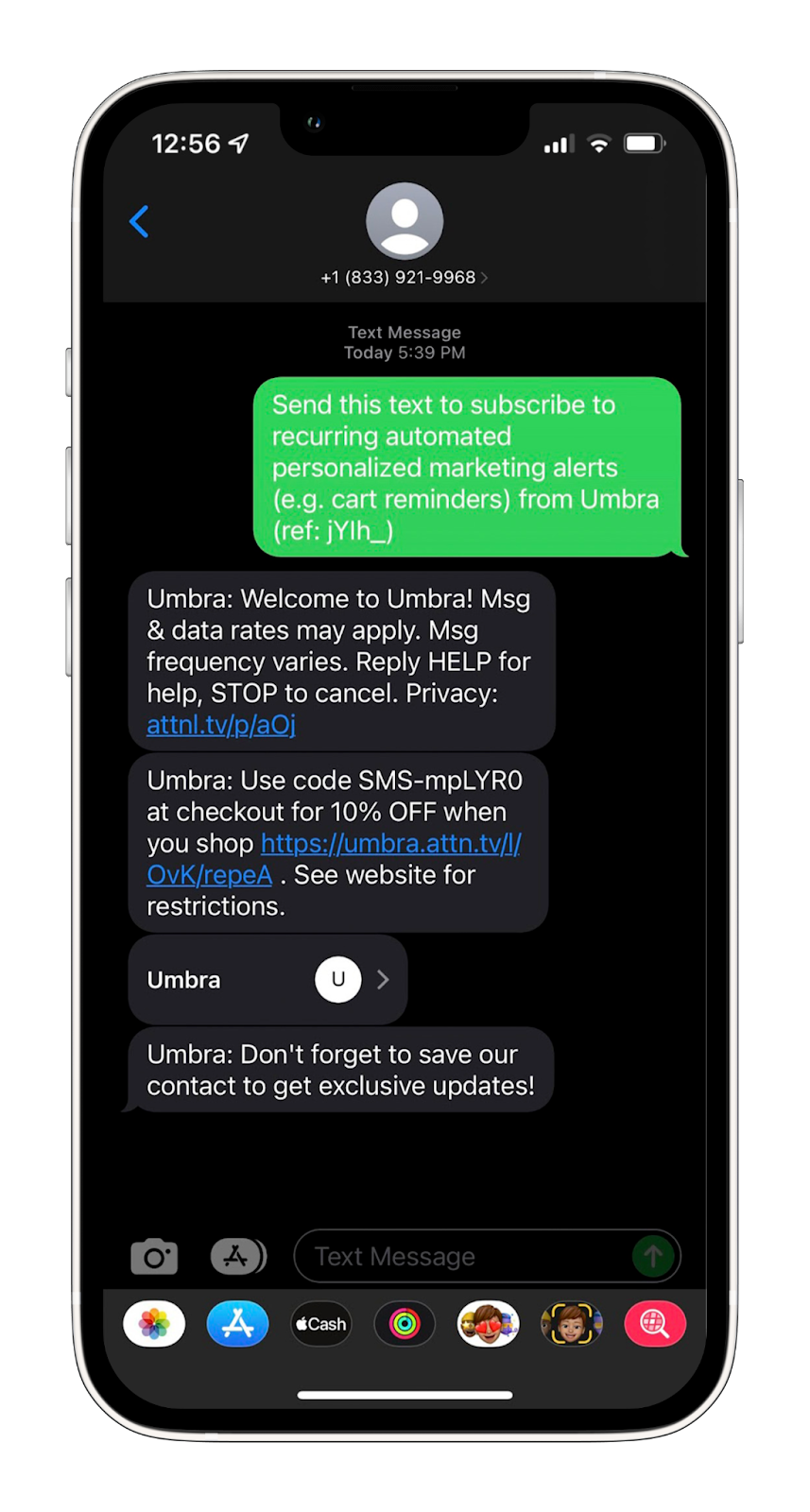 A welcome SMS marketing example from Umbra.
