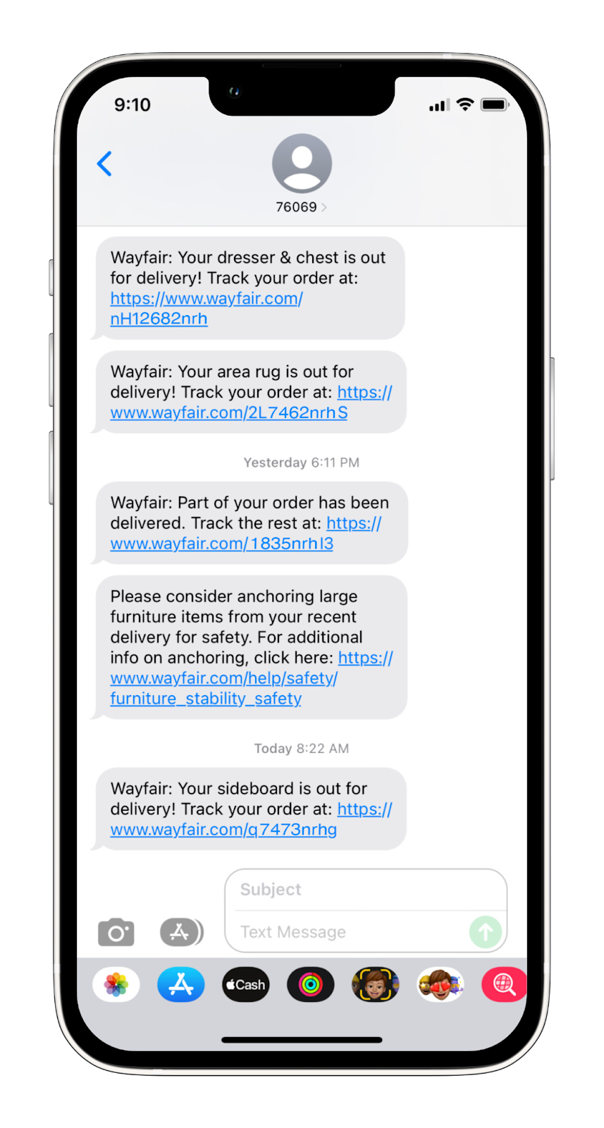 A shipping and order update SMS example from Wayfair.