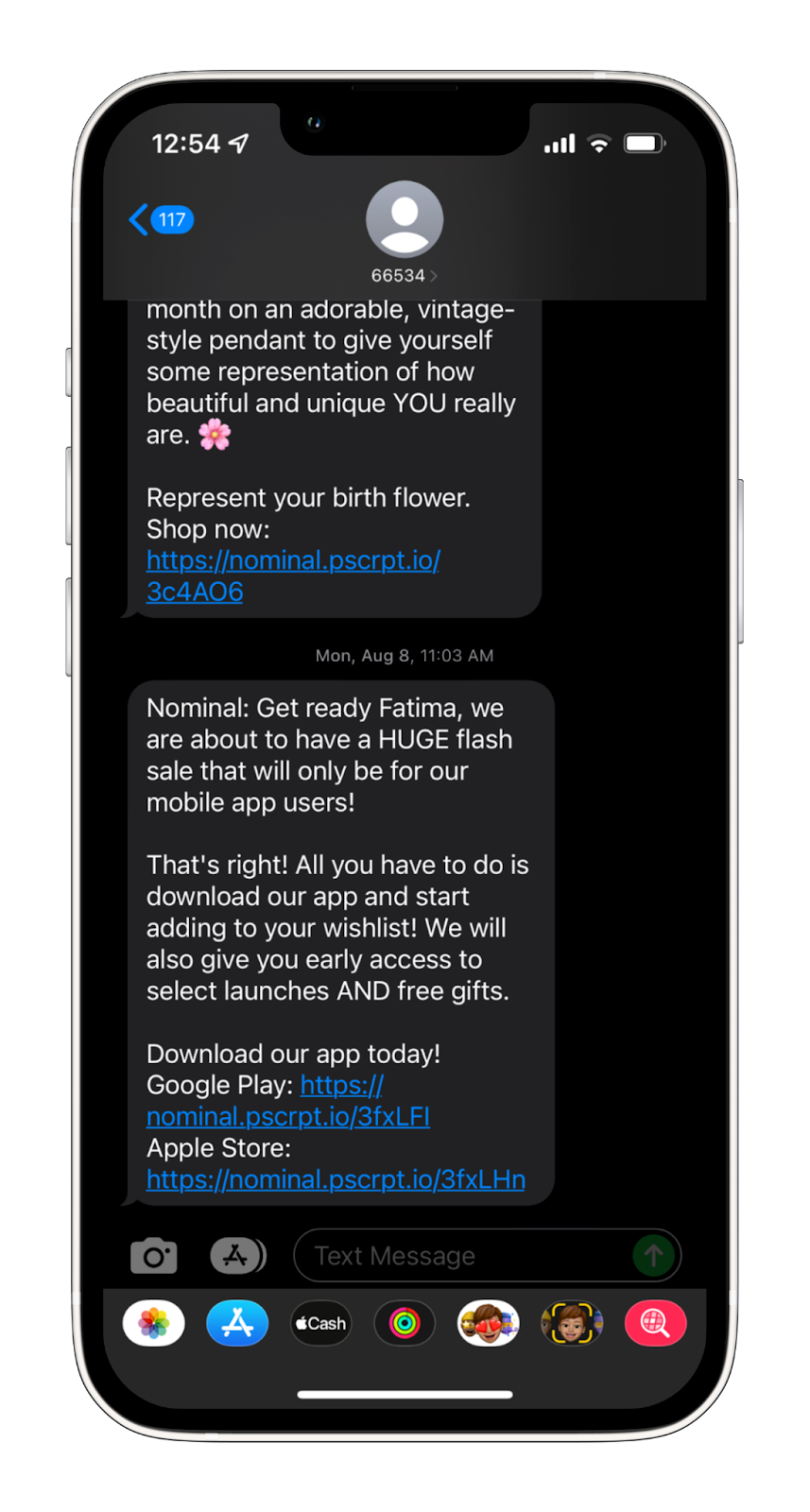 A flash sale SMS marketing example from Nominal.