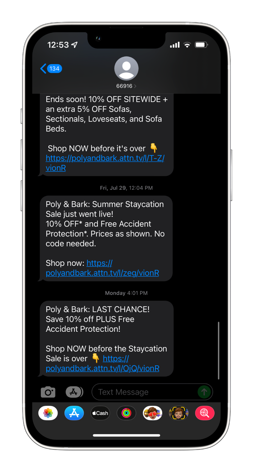 An SMS example announcing a new sale from Poly & Bark.