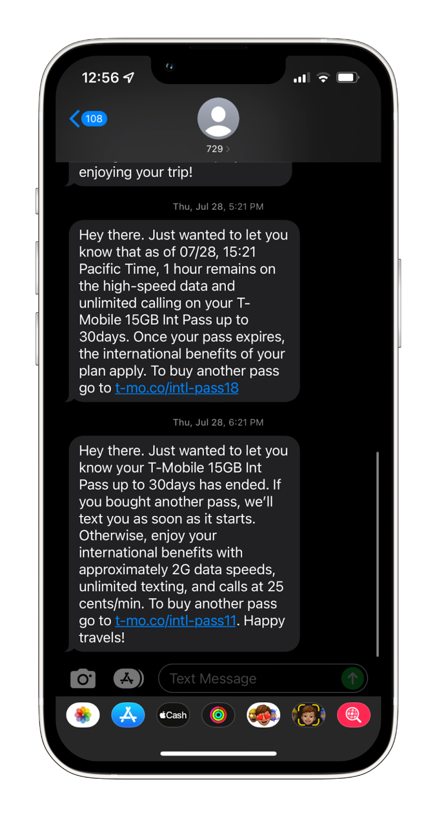 An upsell SMS opportunity from T-Mobile.