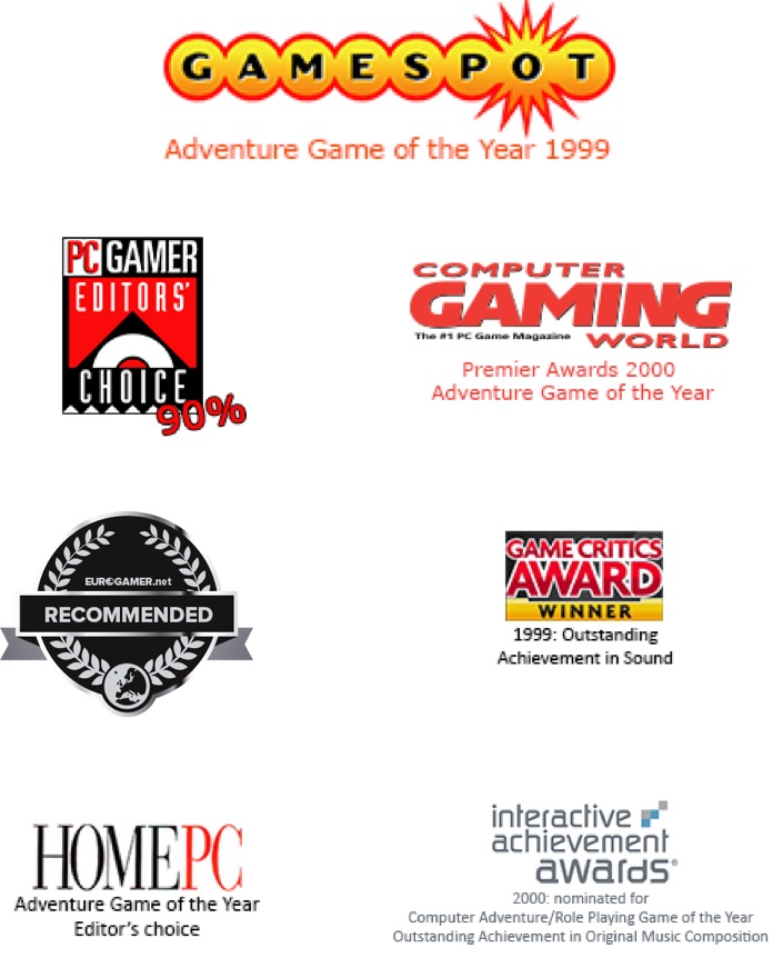 Appeal Studios Awards - Gamespot, PC Gamers 90%, Computer Gaming World, Game Critics Award Winner, Home PC Game of the Year, Interactive Achievement Award
