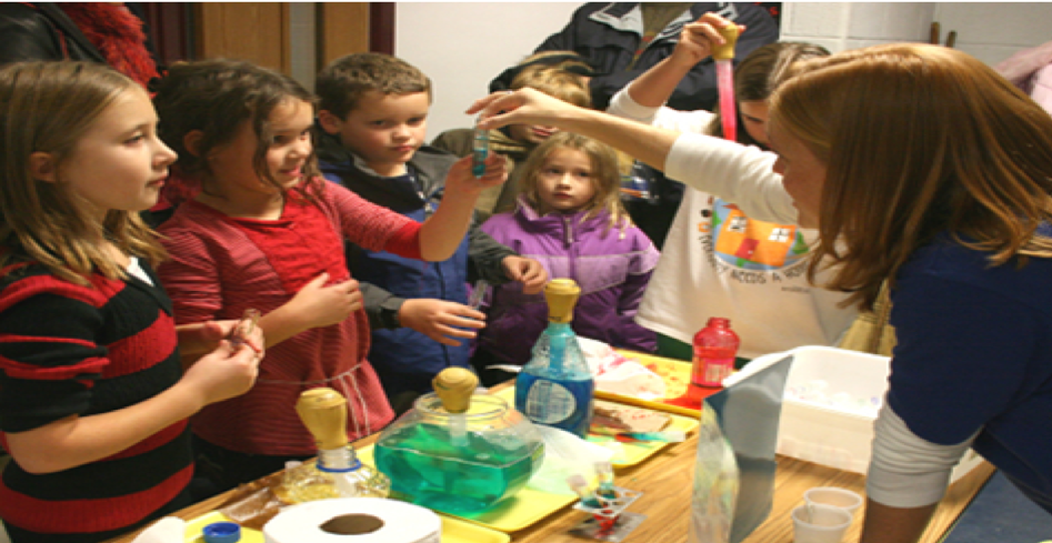 Teacher showing students some models