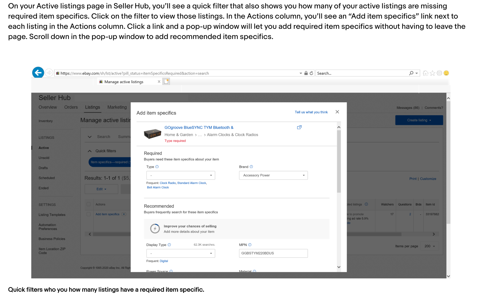 ebay item specific features in seller hub
