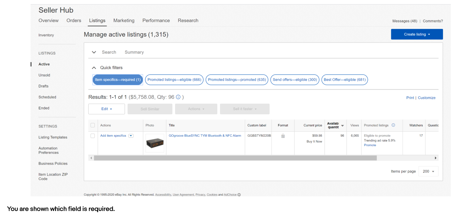ebay item specifics in seller hub