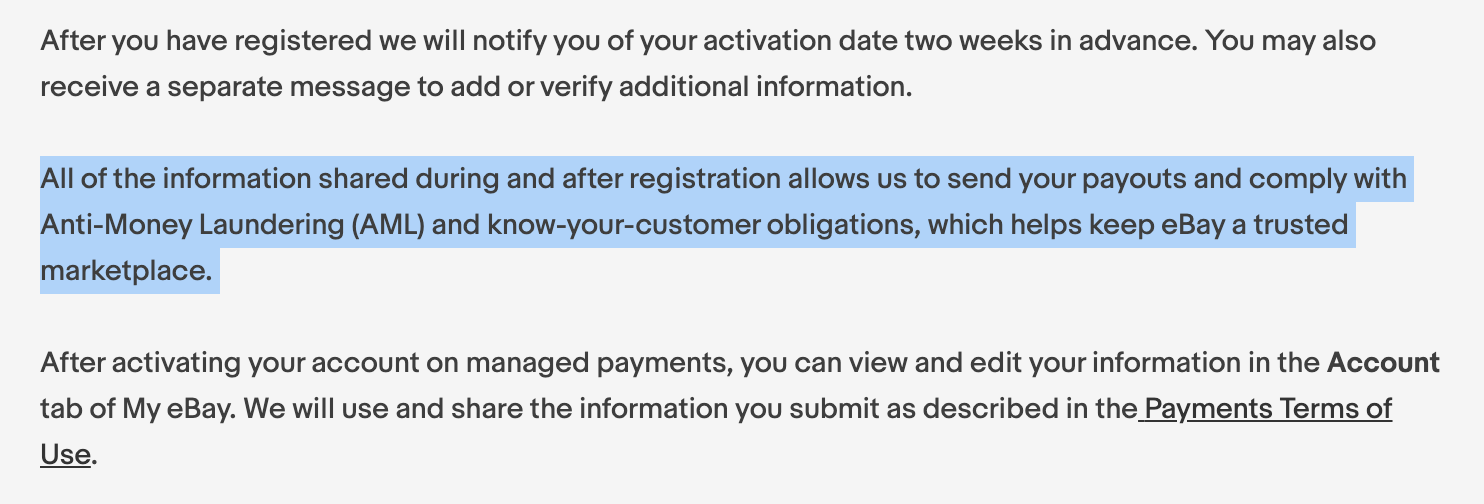 ebay managed payment annoucement screenshot