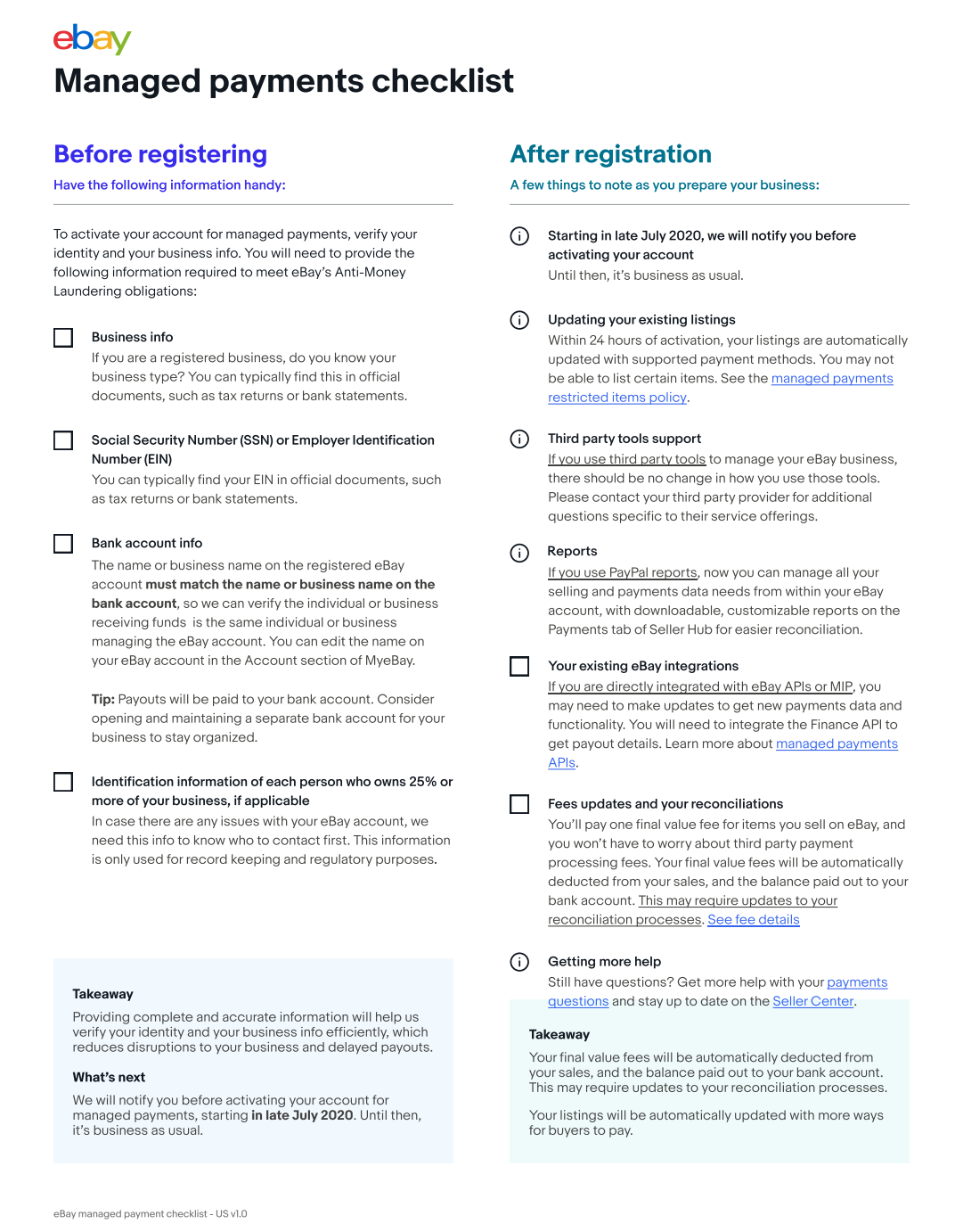 ebay managed payments checklist screenshot