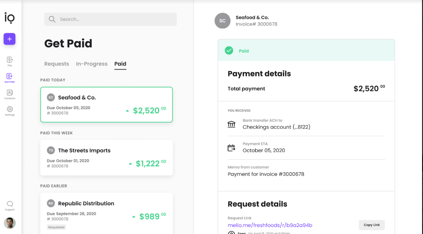Track incoming payment status screenshot - Melio