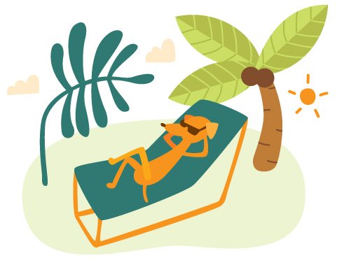 dog laying on deck chair on holiday palm tree