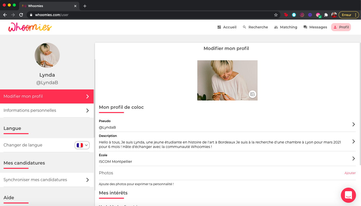espace mon profil sur le site de recherche de logement whoomies