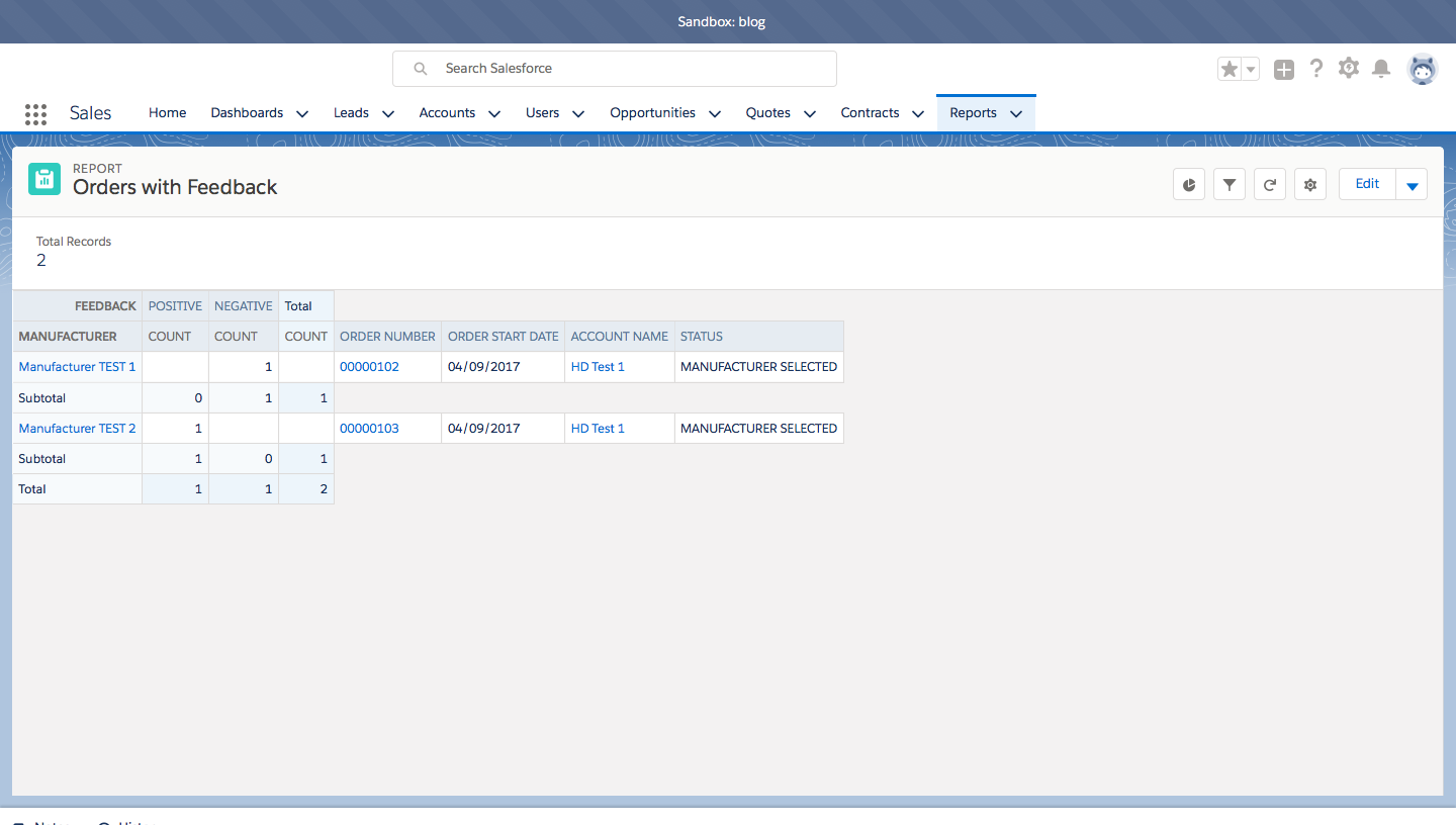 SalesForce report on orders with feedback