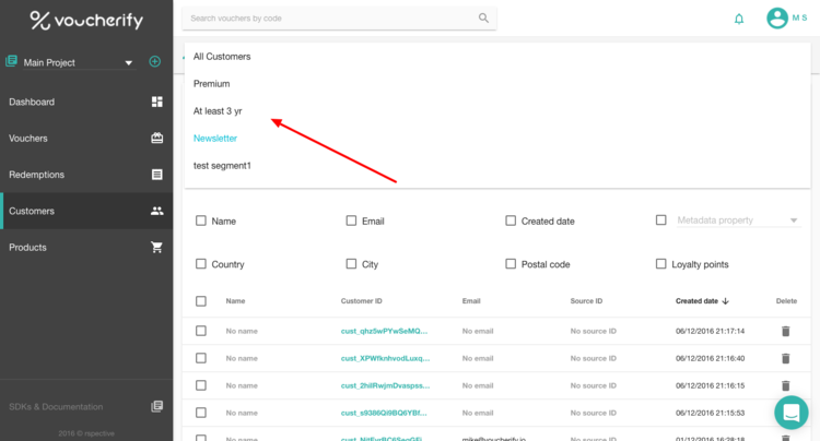 Voucherify, customer filters view