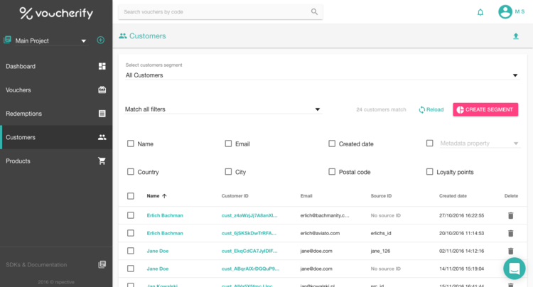 Voucherify, customer view, customer segmentation view
