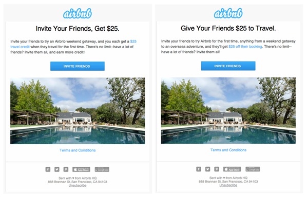 Airbnb testing different referral invitations