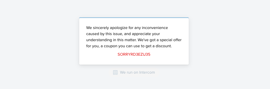 Voucherify discount codes sent via Intercom live chat as a great example of customer service that increases brand advocacy