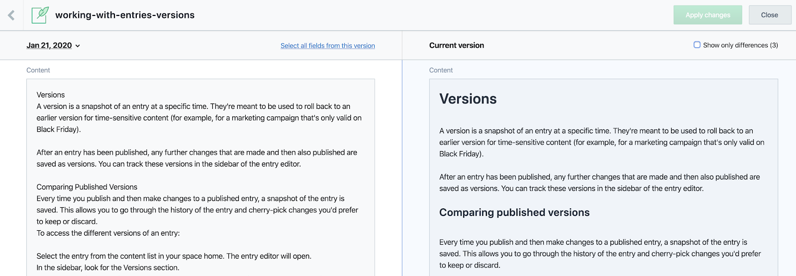 Previous and current version of content in CMS