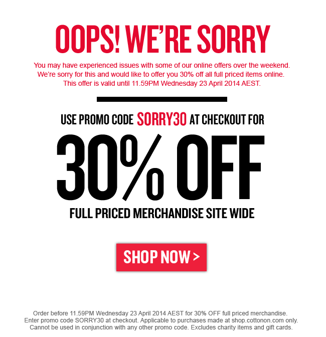 Cotton On sorry discount promotion