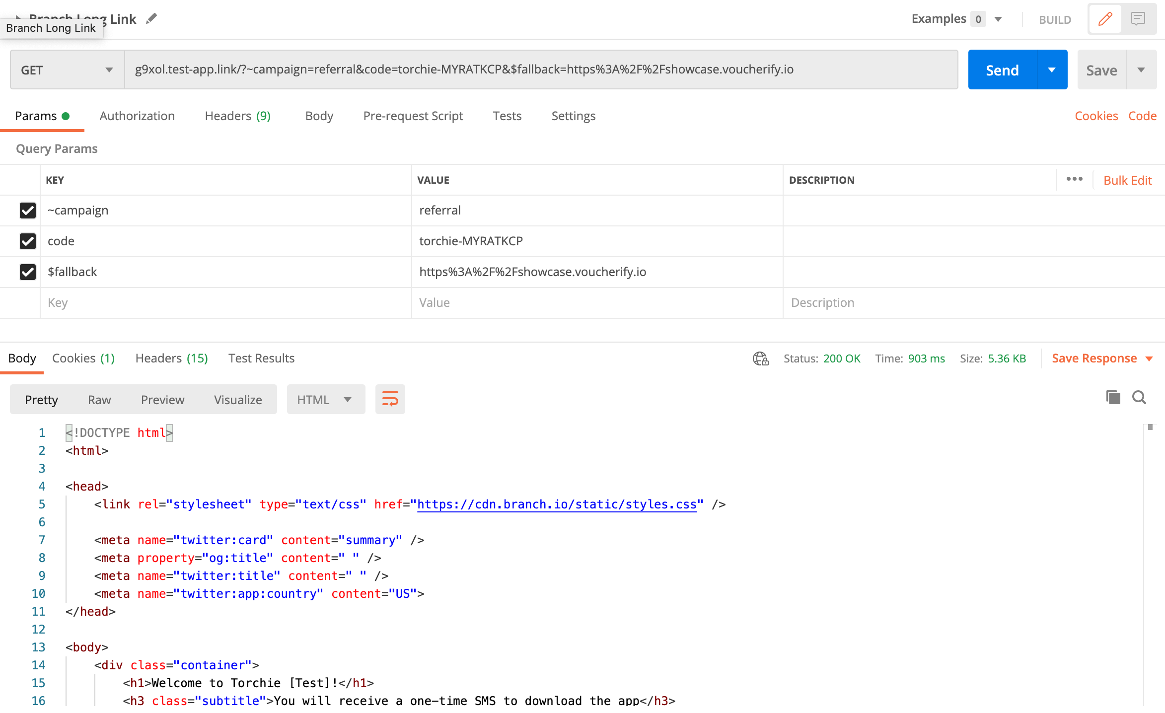 Branch test API call