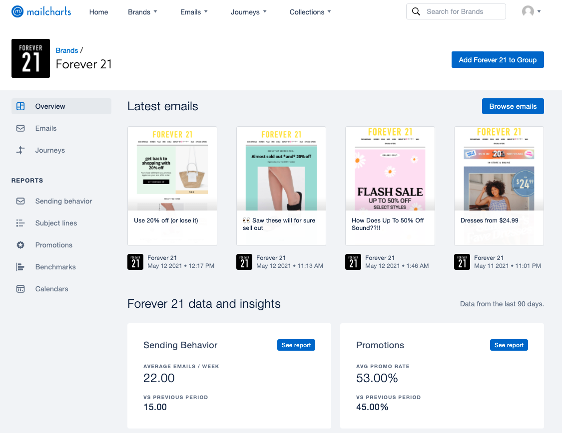 MailCharts 2 – specific brand emails list