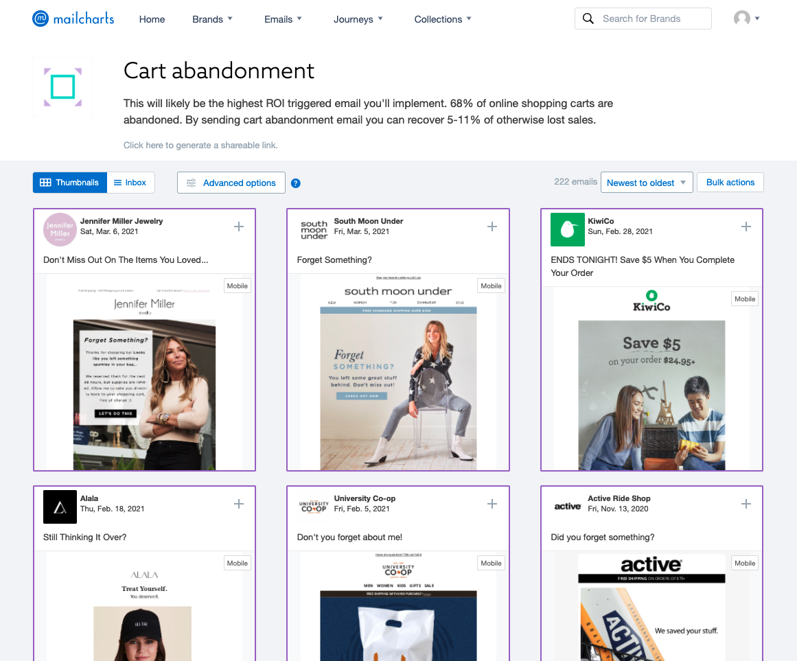 MailCharts 3 – cart abandoned email campaigns from multiple brands list