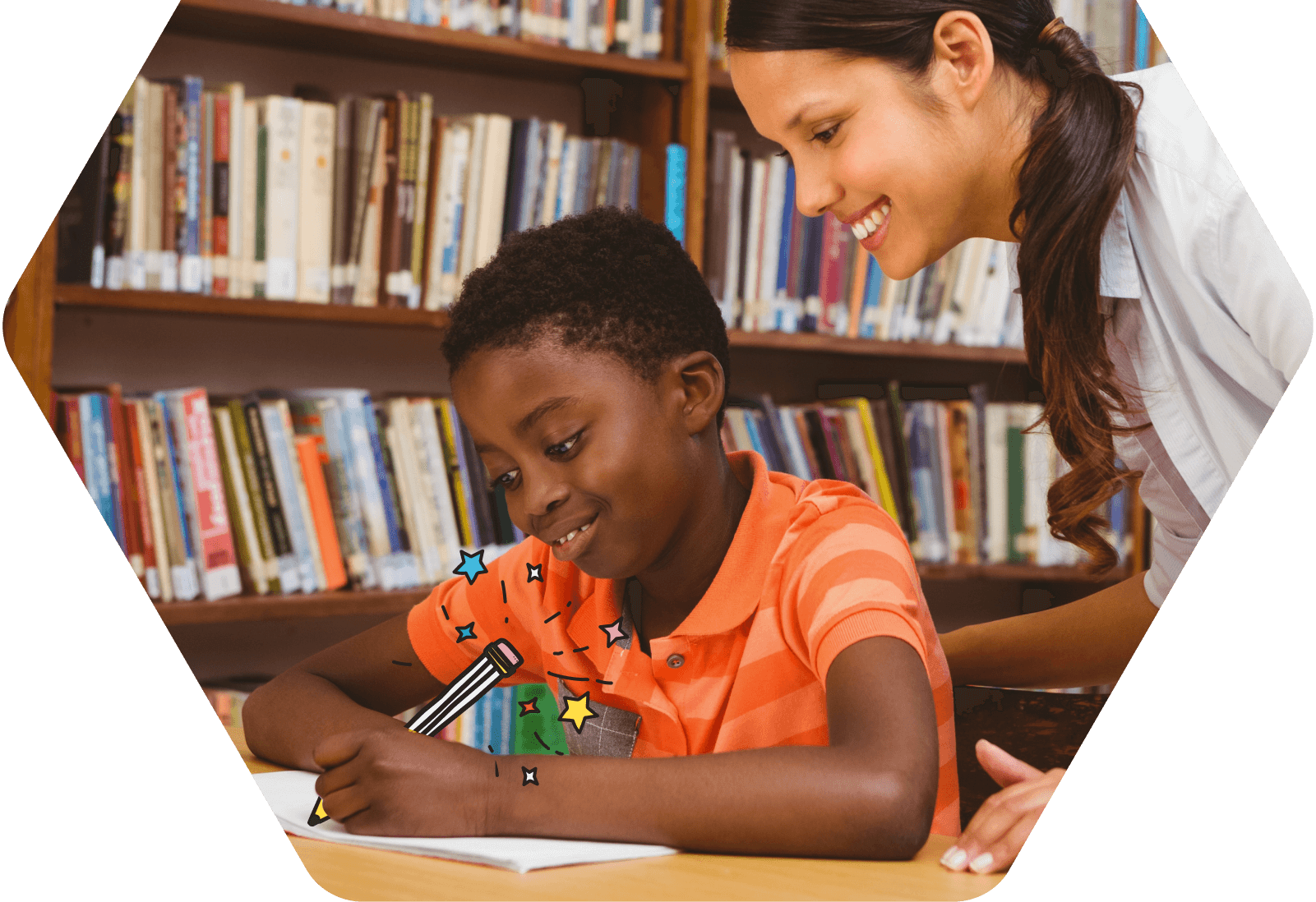 Learning with 1-1 tuition - teacher helping a student with their writing