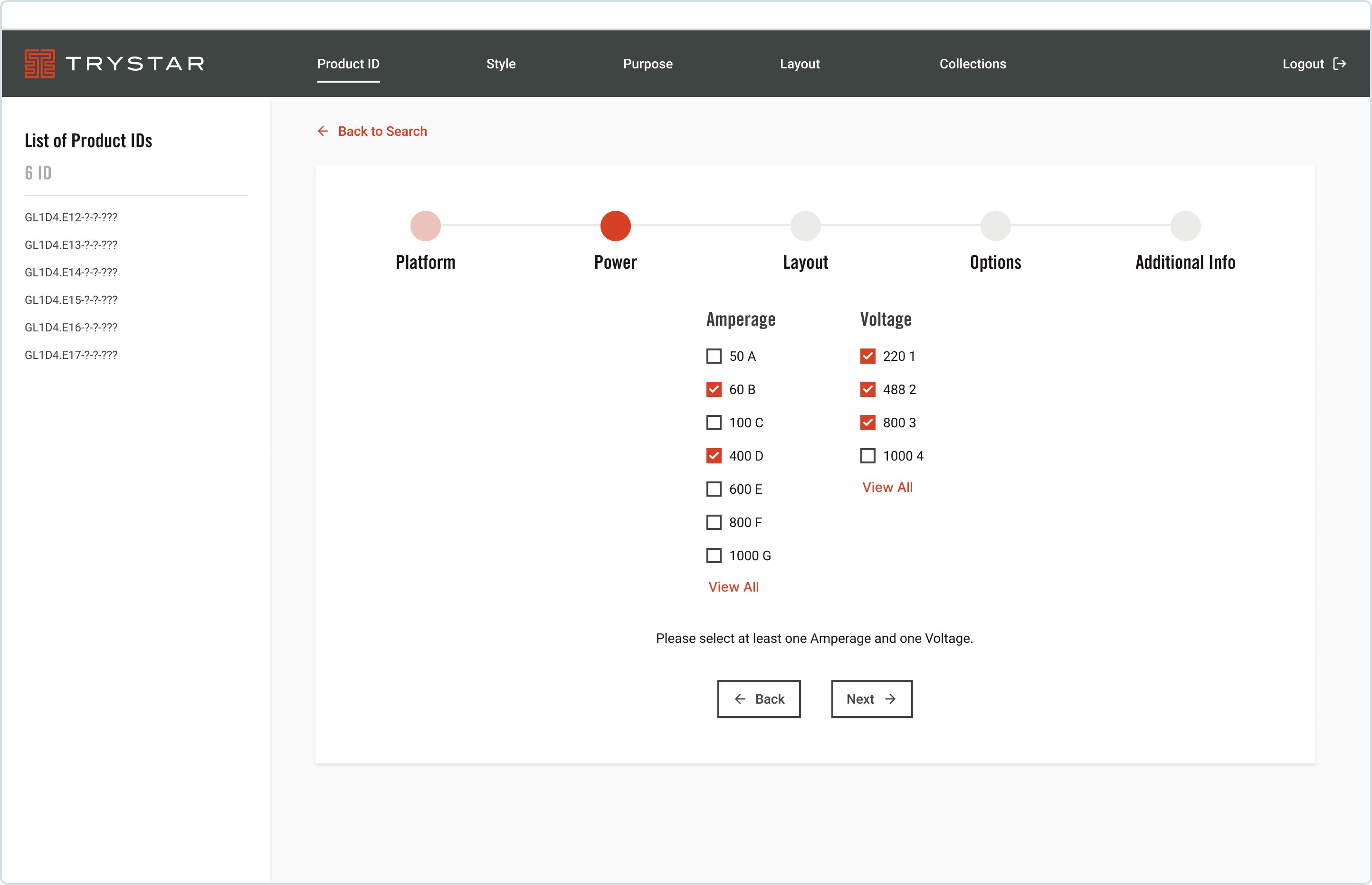 Trystar Product ID screen