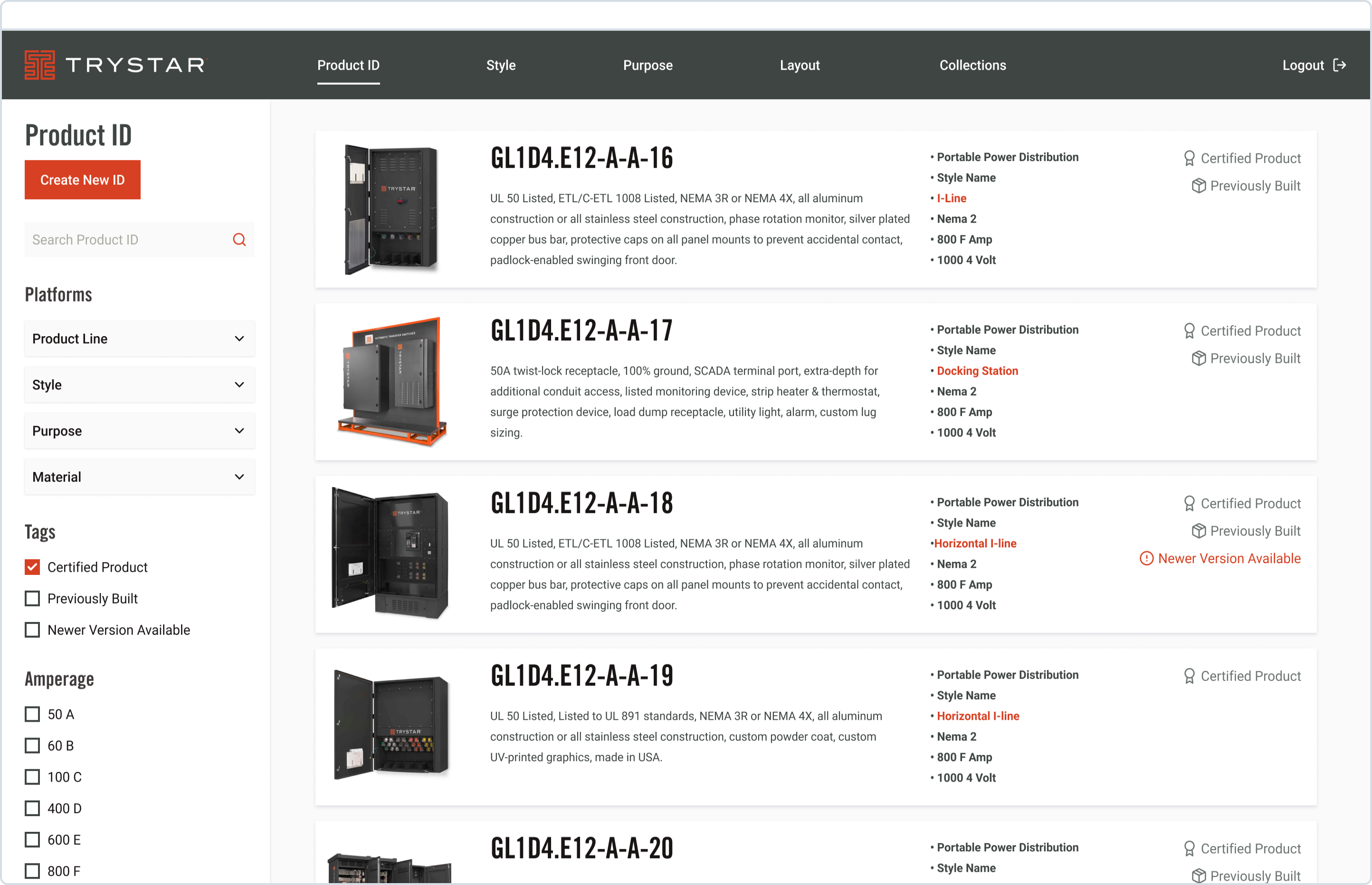 Trystar product list screen