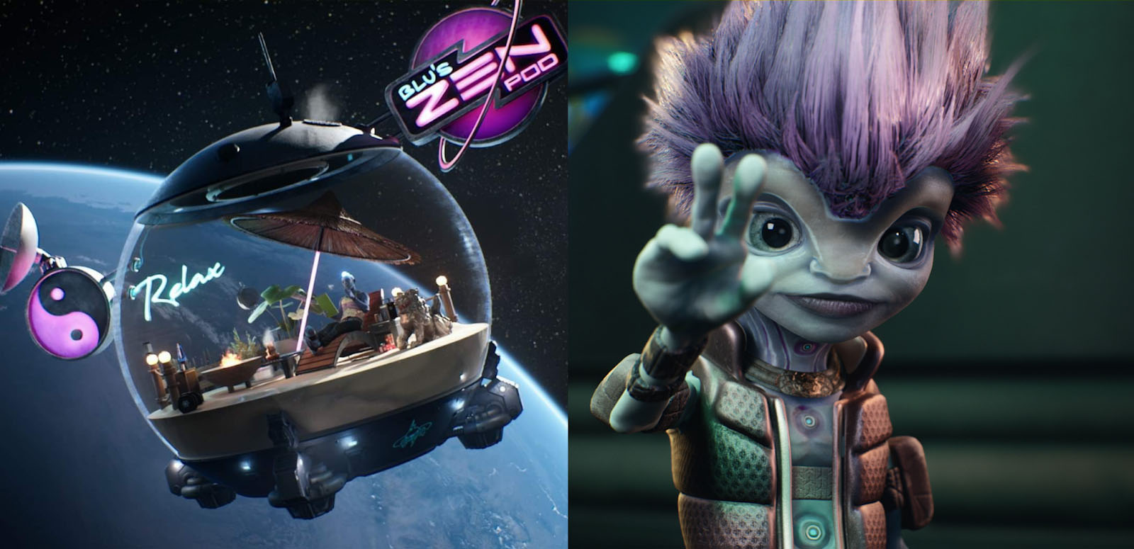 Left side is Blu's Zen Pod. Right side image of Chatterbox the small alien sidekick
