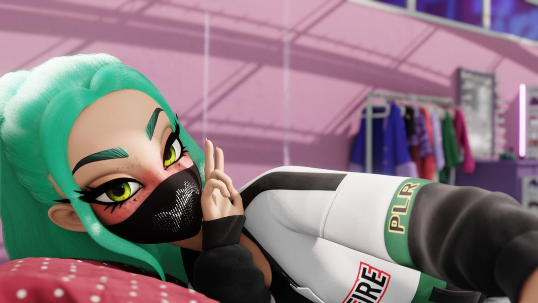 Image of 3D cartoon woman named Polar with teal hair and a black face mask lying in bed holding up a peace sign