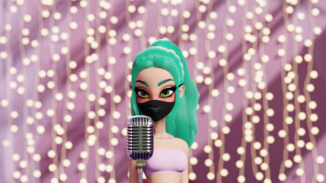 Image of 3D cartoon woman named Polar with teal hair and a black face mask standing in front of a pink wall with string lights