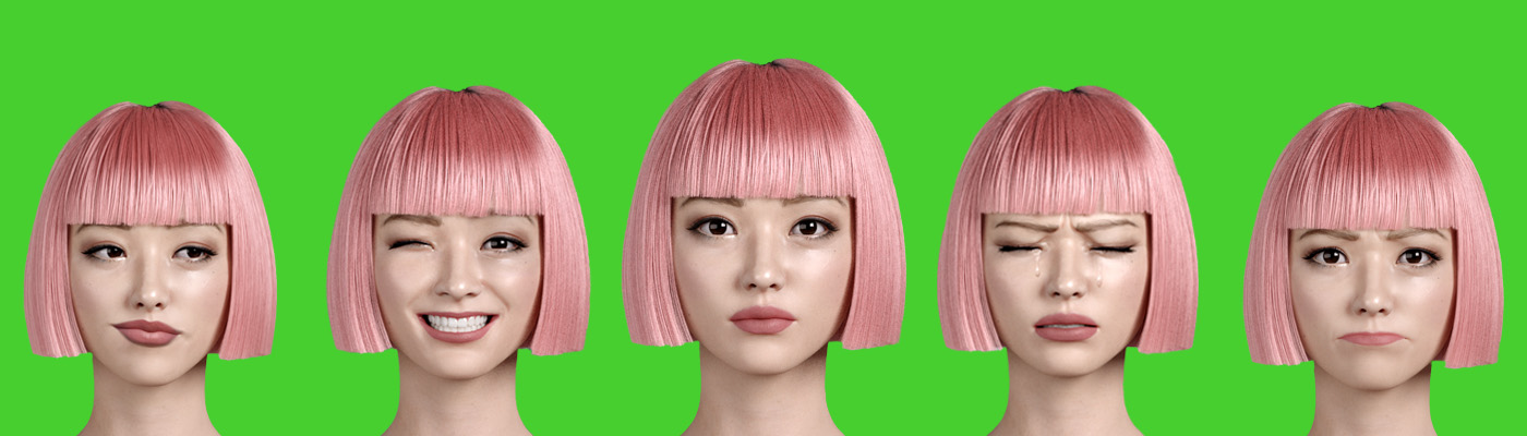 5 images of CGI model Imma's face with various emotions against a green background