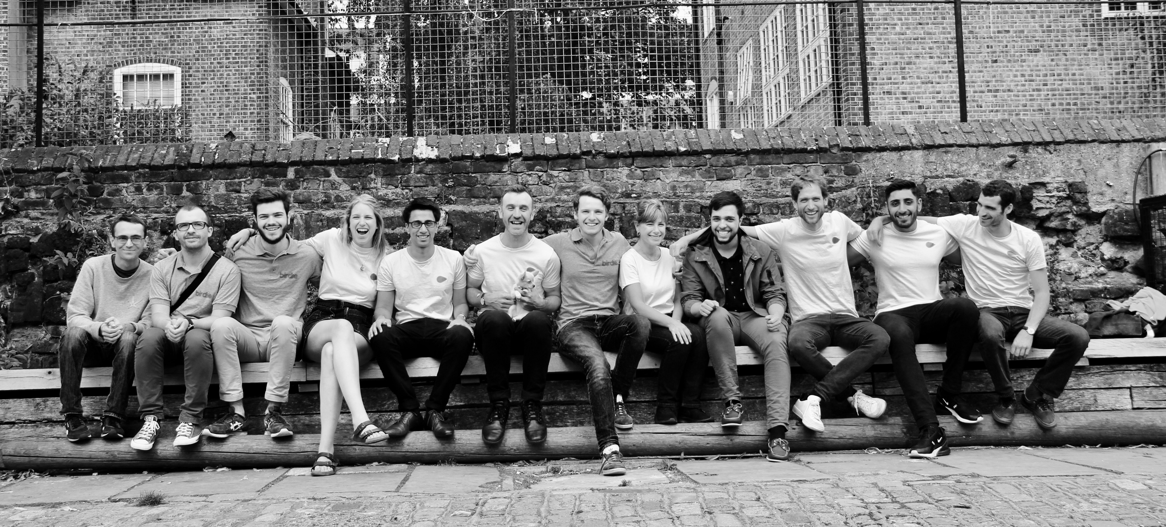 Team at birdie outside on wall