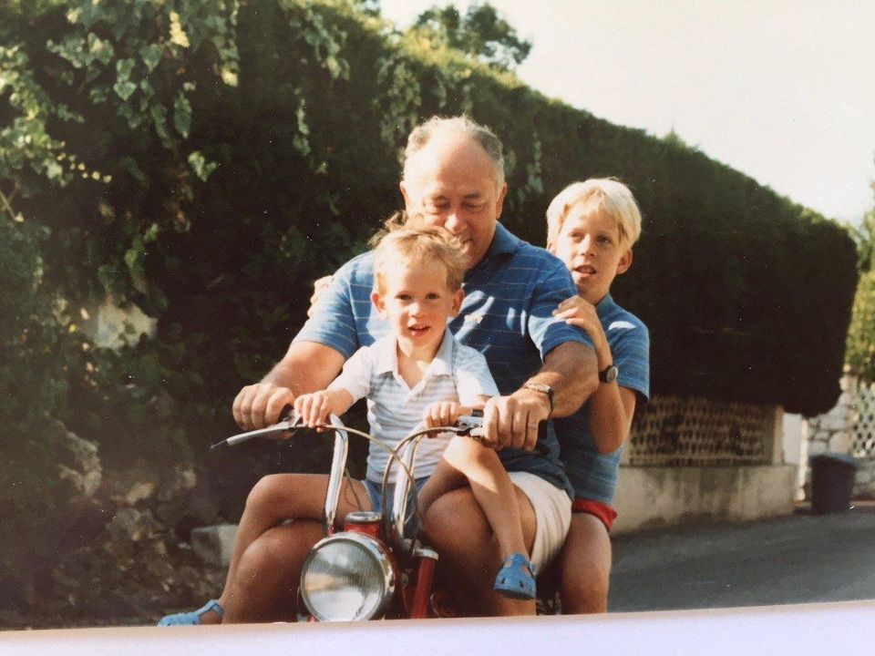 Founder of Birdie Max Parmentier as a boy, learning to ride a bicycle with his grandfather.