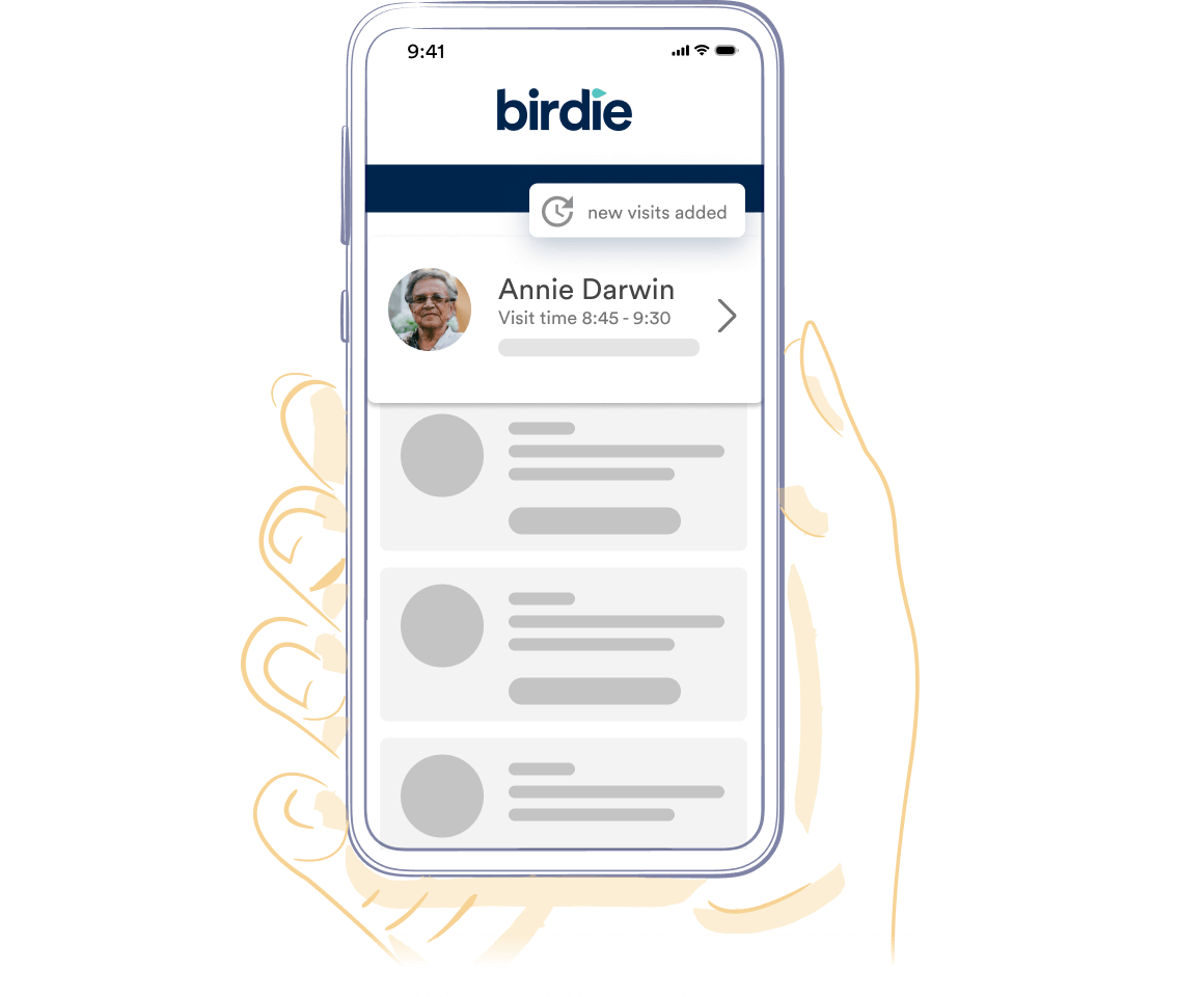 Hand drawn illustration of a hand holding an iphone and the Birdie app on screen showing Annie Darwins care log