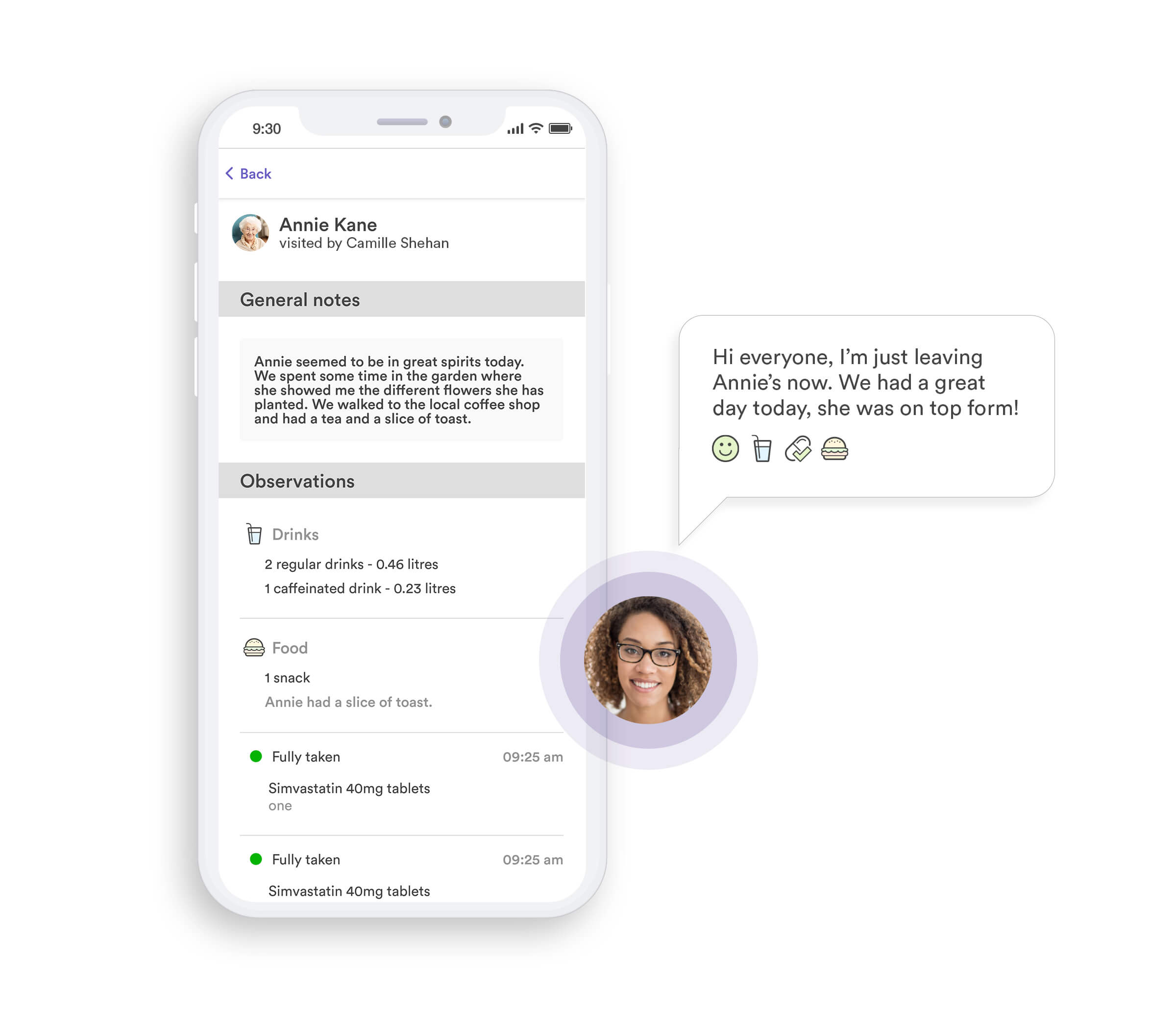 screen showing care professionals app including visit observations