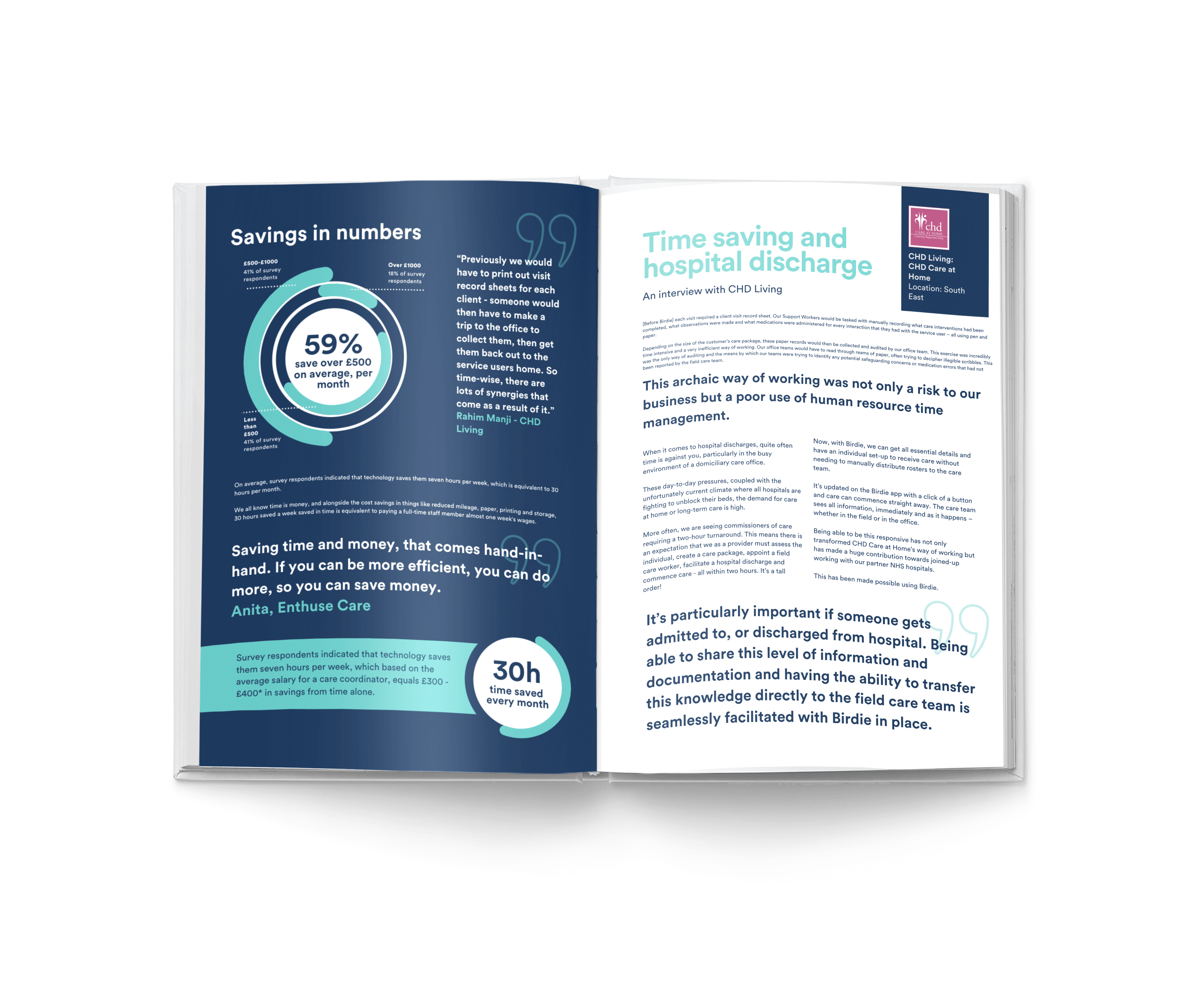 Open book showing savings in numbers from the state of tech in care 2021 report