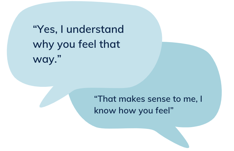 “Yes, I understand why you feel that way.”“That makes sense to me, I know how you feel”