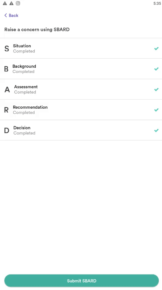 Birdie App showing a carer reporting using SBARD through the birdie app