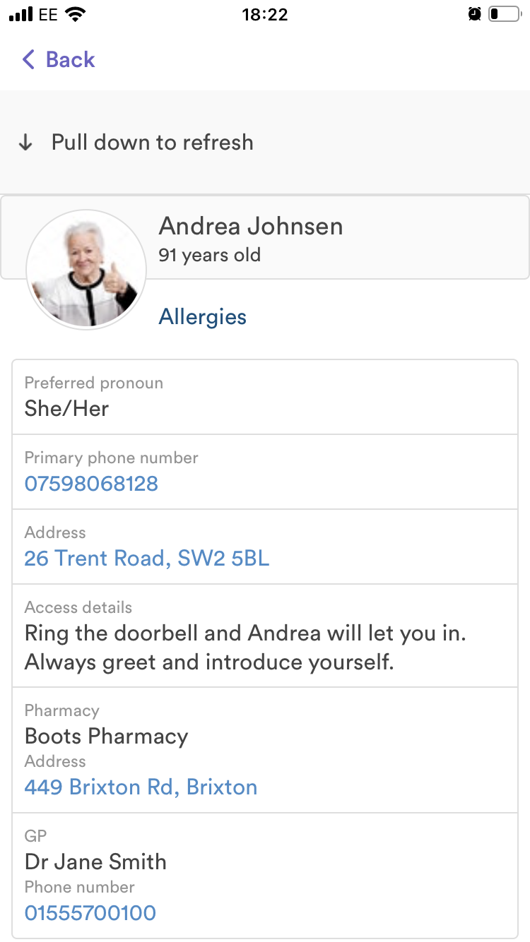 I client's personal profile on the Birdie App