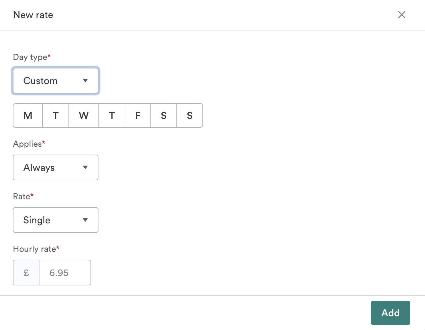 Custom option selection area on the new rate section