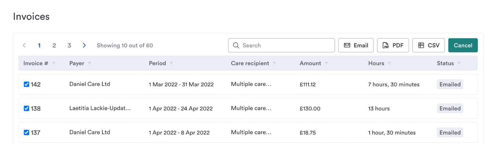 The area to download invoices in CSV format - in bulk.