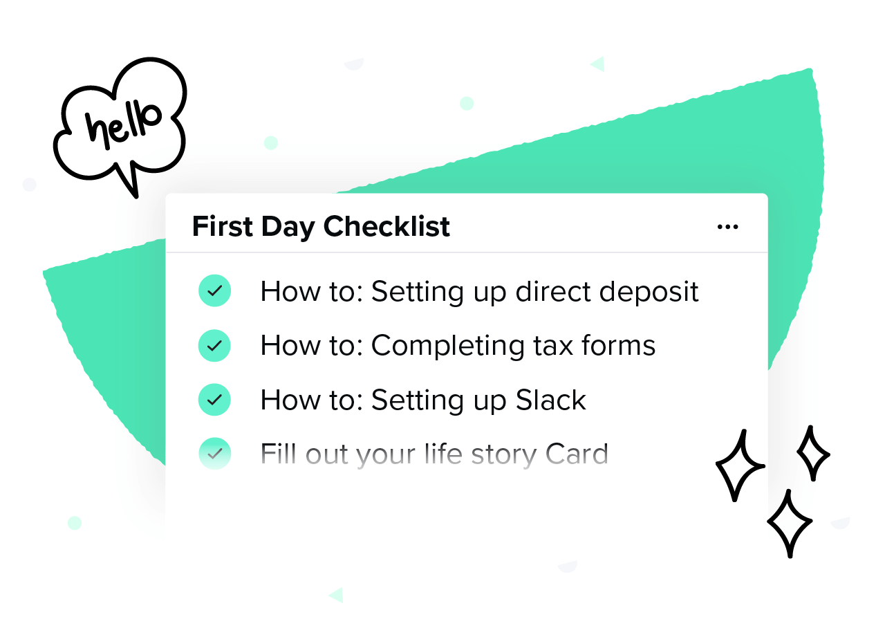 A "first day checklist" made up of Guru Cards on a Guru board