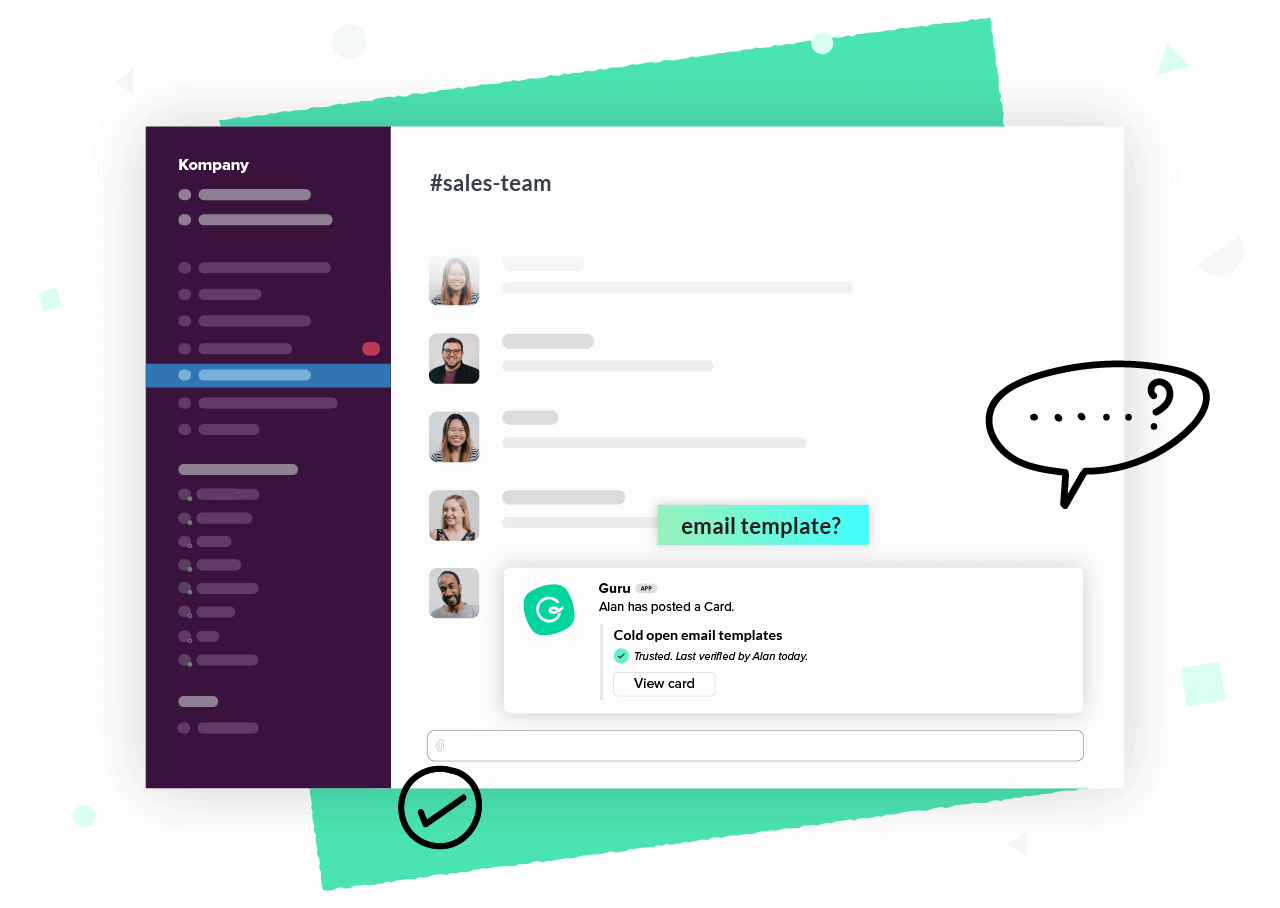 Someone answering a team mate's question with a Guru Card in a chat tool like Slack or Microsoft Teams